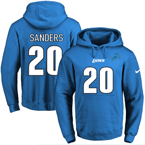 Nike Lions #20 Barry Sanders Blue Name & Number Pullover NFL Hoodie - Click Image to Close